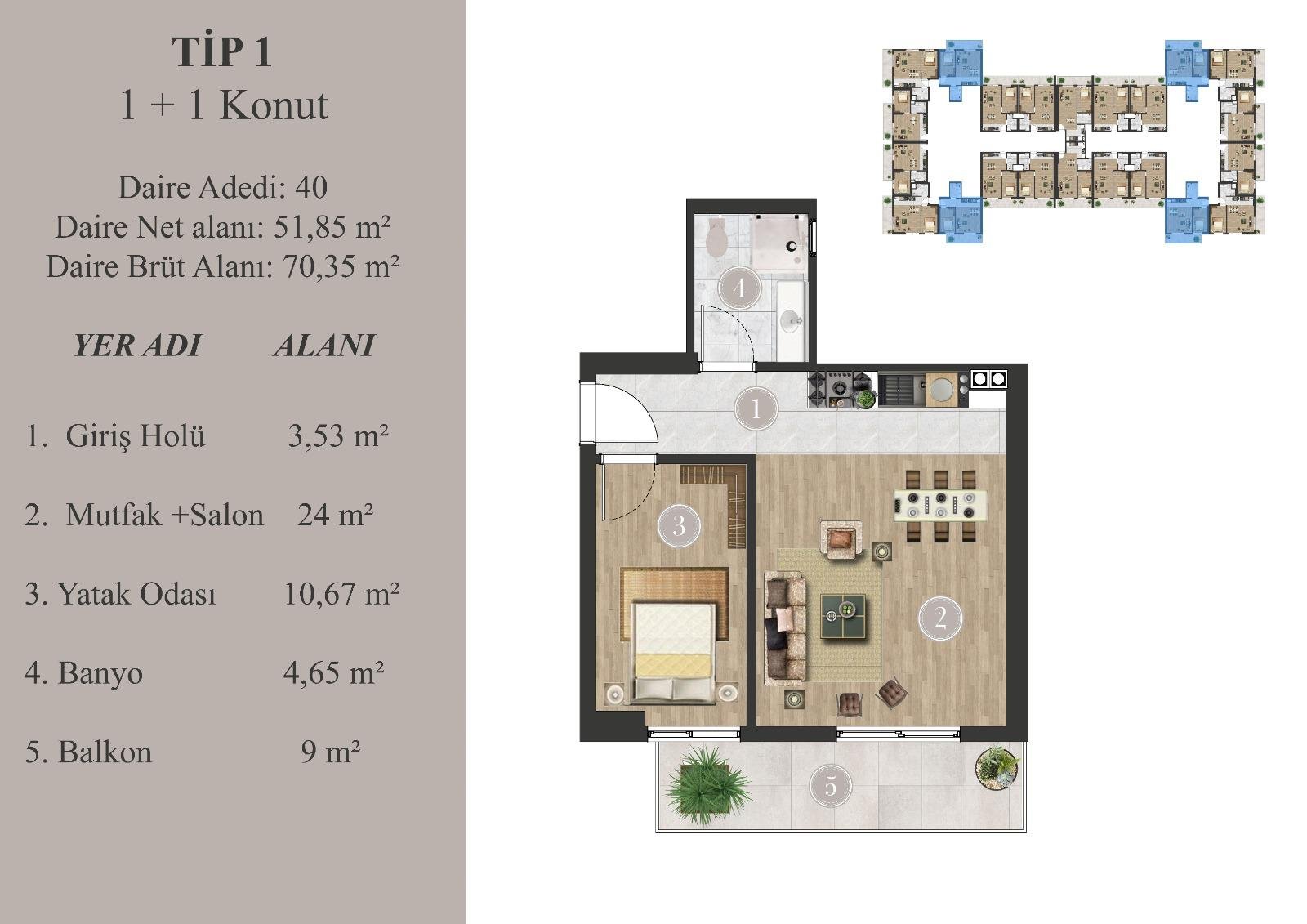 Hasbağ Niva Tip 01 — 1+1 standart daire planı