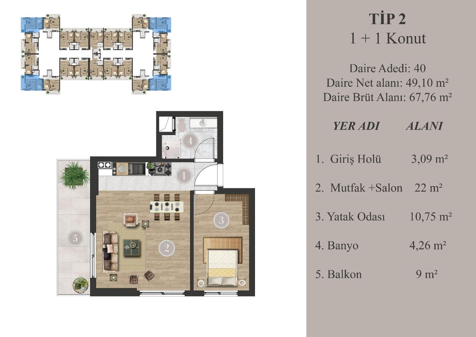 Hasbağ Niva Tip 02 — 1+1 geniş daire planı